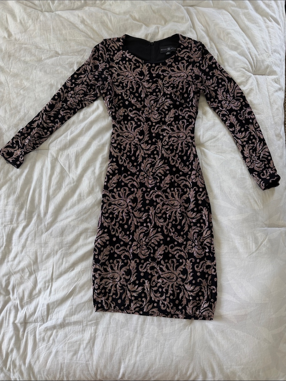 Betsy & Adam Black Long Sleeve Bodycon Dress with Rose Scrolls - Size 4P
